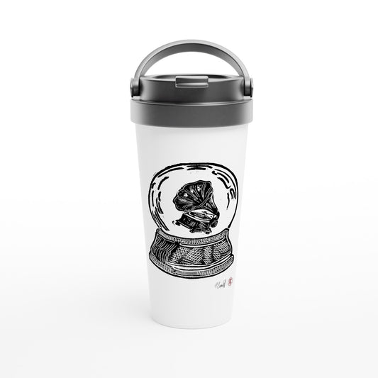 Stainless steel travel mug with the linocut “Snow Globe Gramophone” – view 1