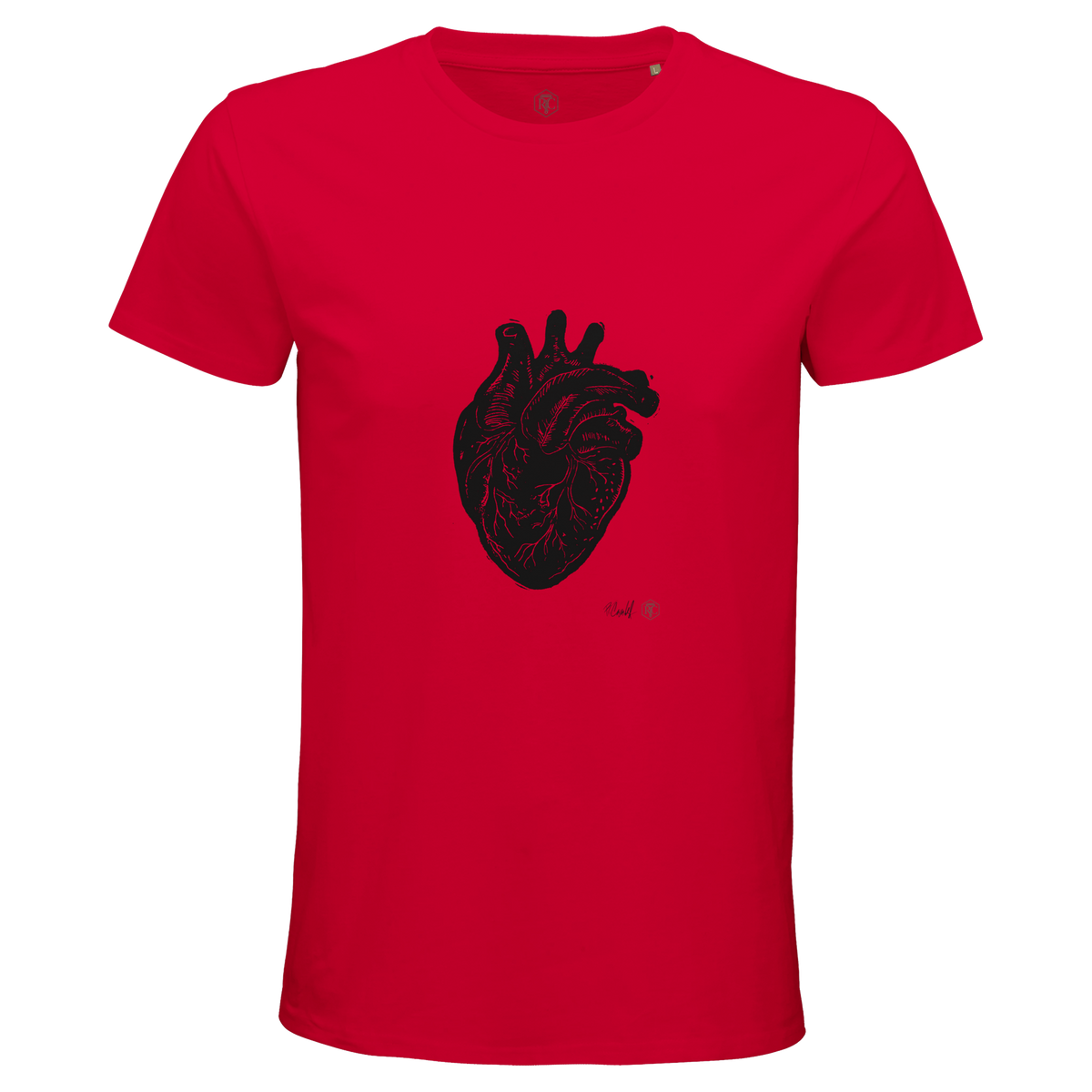 Organic cotton T-shirt with the linocut “Anatomical Heart” – red, men’s cut
