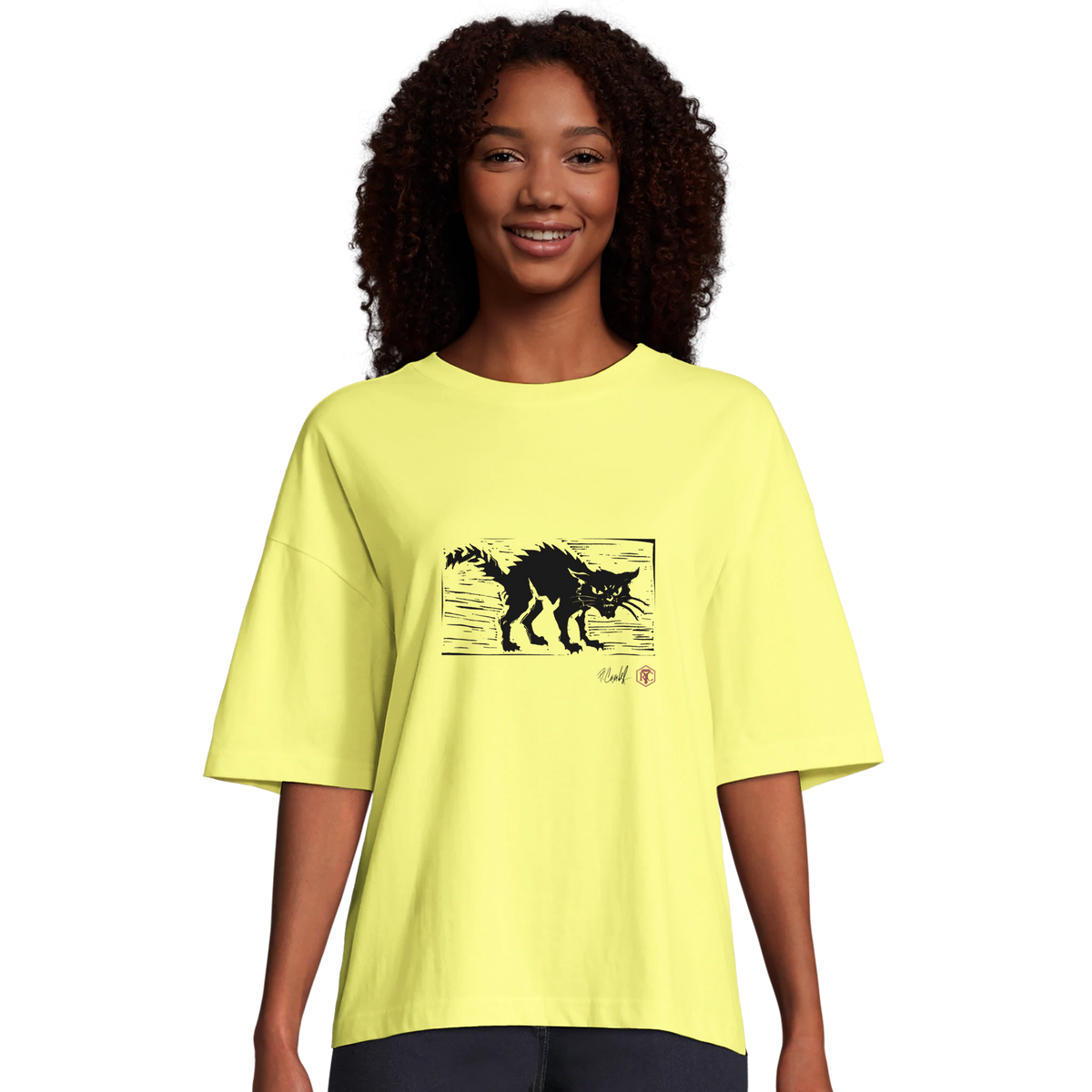 Model wearing T-shirt “Cat”, light yellow, women’s cut – front view
