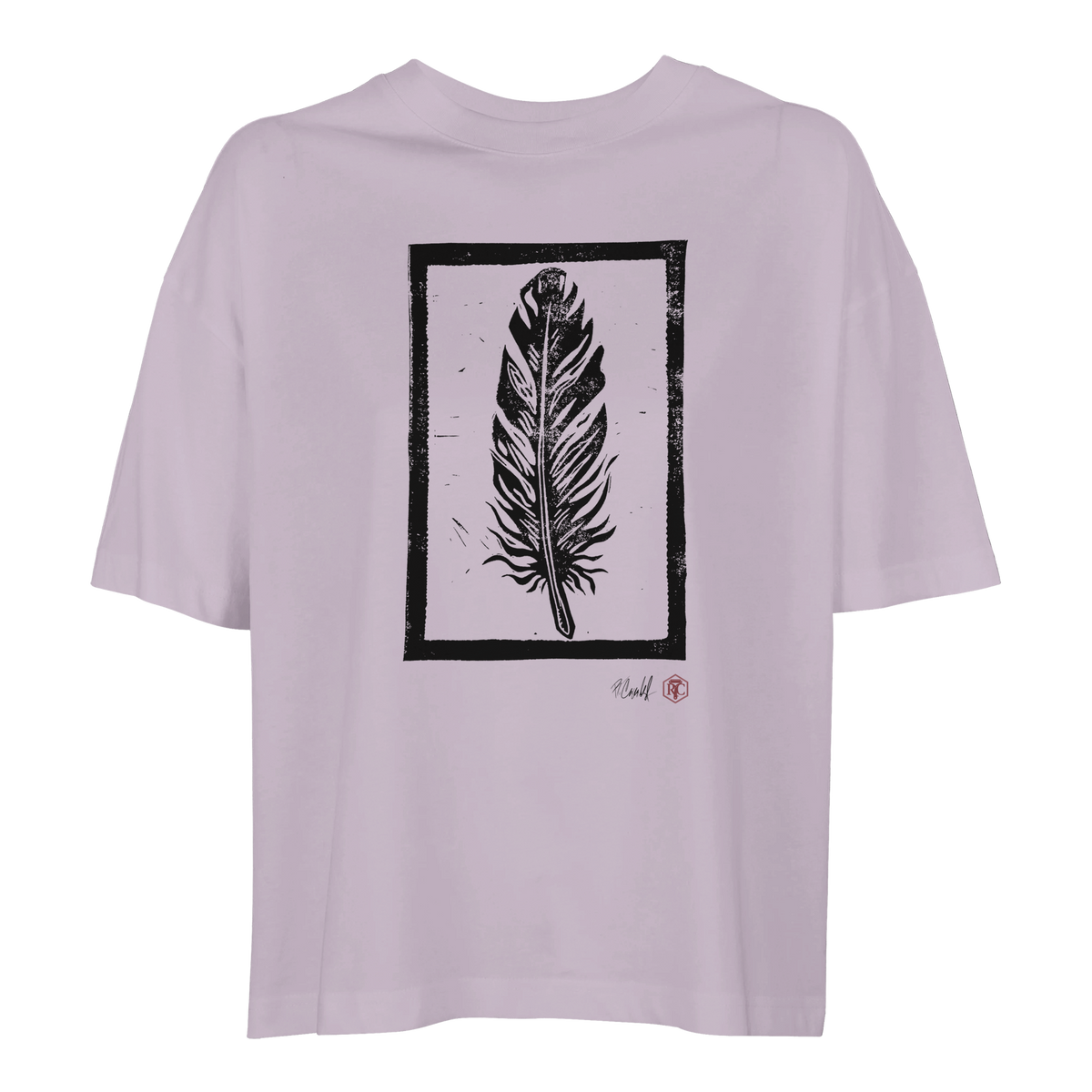 Organic cotton T-shirt with the linocut “Feather” – lilac, women’s cut
