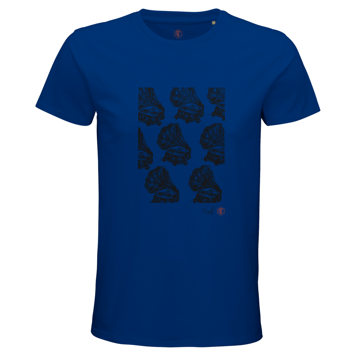 Organic cotton T-shirt with the linocut “Gramophones” – royal blue, men’s cut