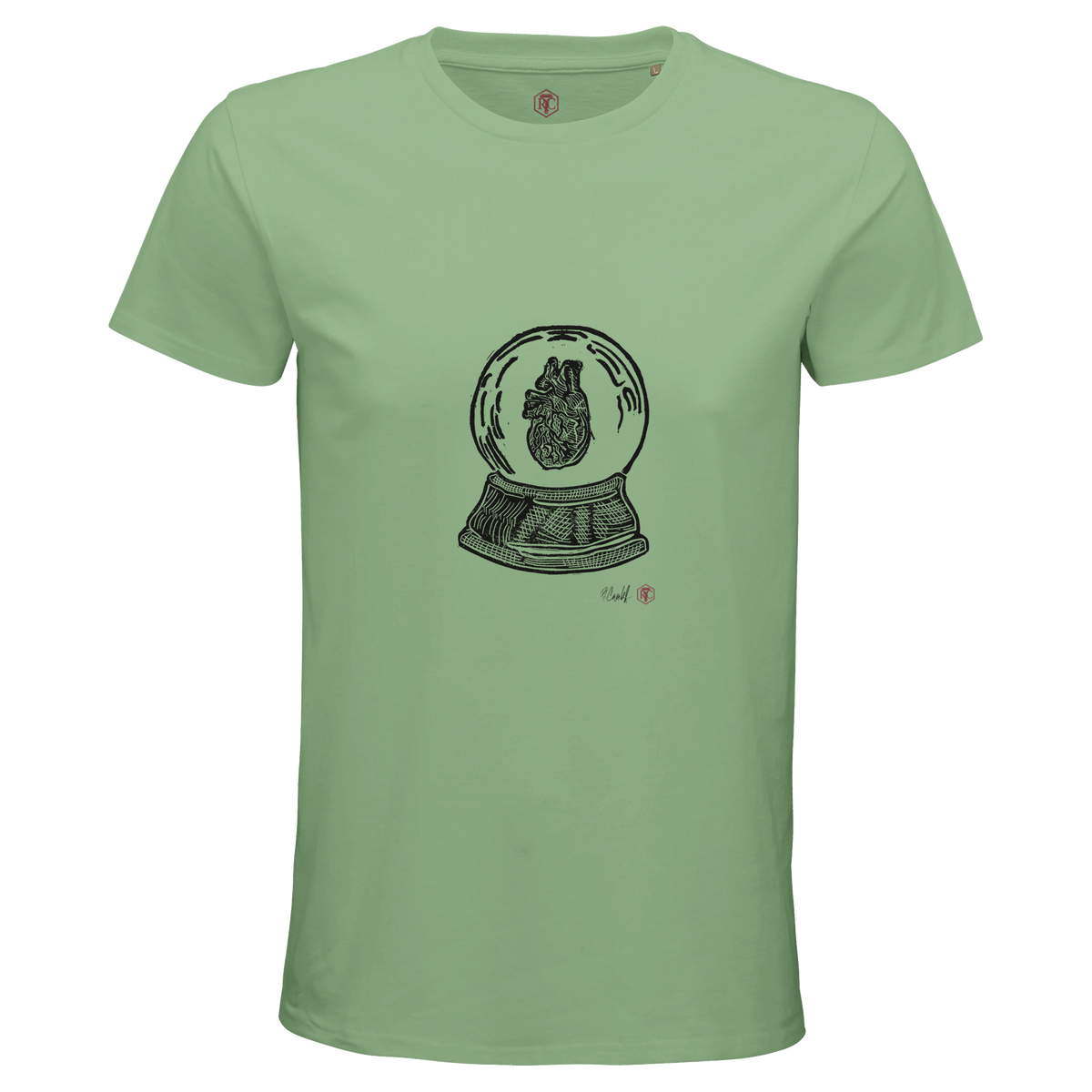 Organic cotton T-shirt with the linocut “Snow Globe Heart” – apple green, men’s cut