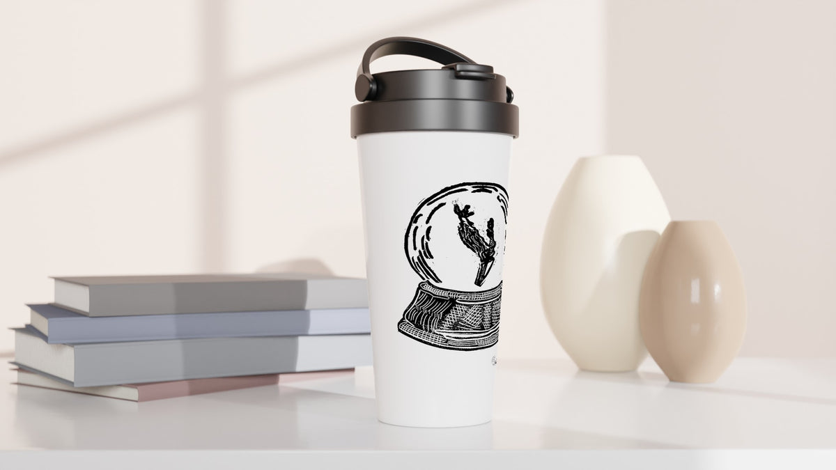 Stainless steel travel mug with the linocut “Snow Globe Branch” – view 3