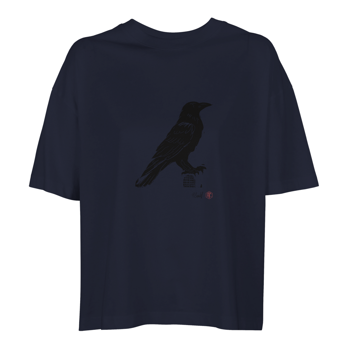 Organic cotton T-shirt with the linocut “Raven” – navy blue, women’s cut