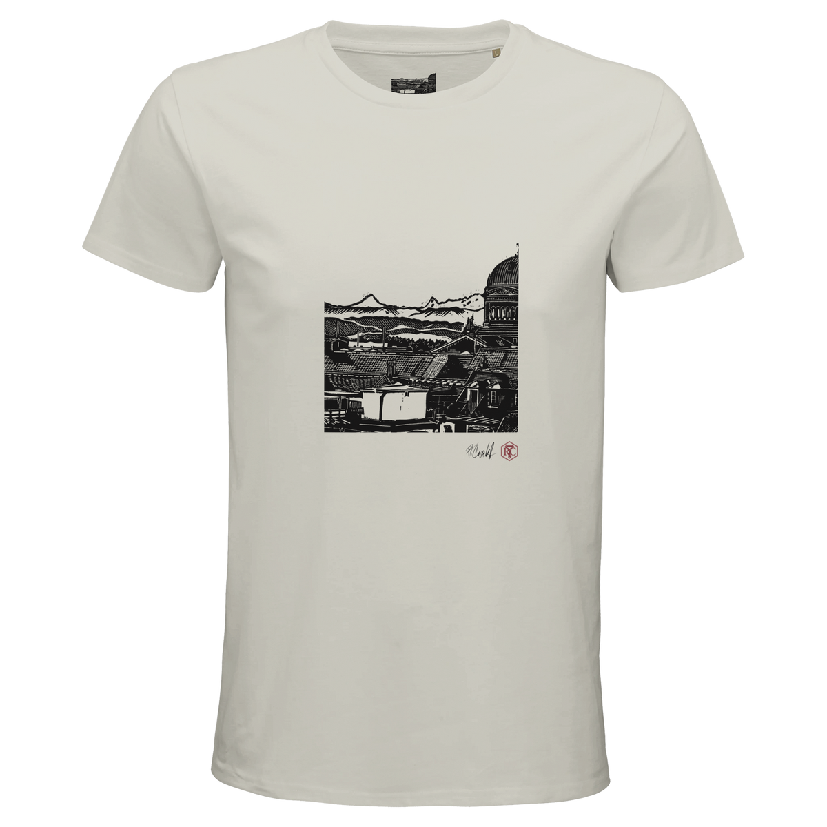 Organic cotton T-shirt with the linocut “Above Bern” – ash grey, men’s cut