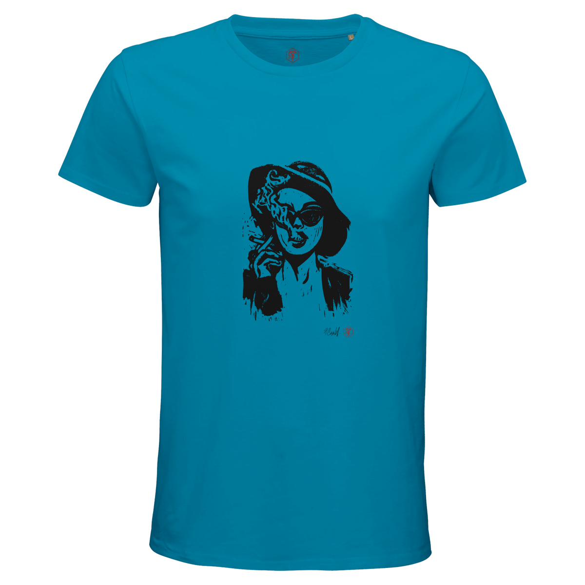 Organic cotton T-shirt with the linocut “Smoke” – aqua, men’s cut