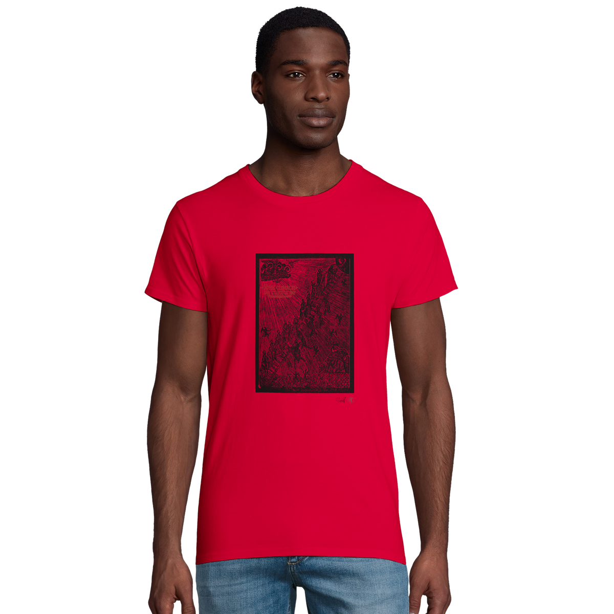 Model wearing T-shirt “The Ladder”, red, men’s cut – front view