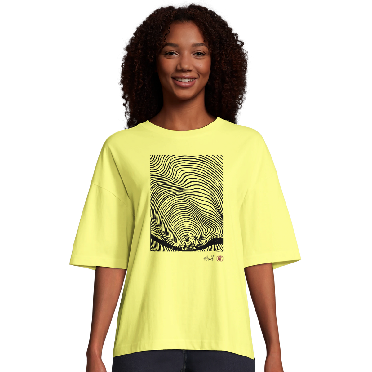 Model wearing T-shirt “Waves”, light yellow, women’s cut – front view