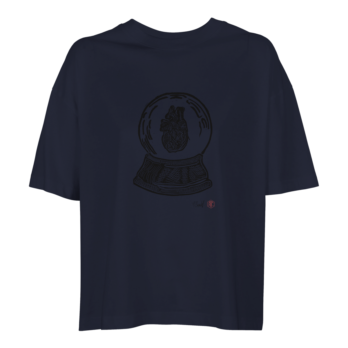 Organic cotton T-shirt with the linocut “Snow Globe Heart” – navy blue, women’s cut