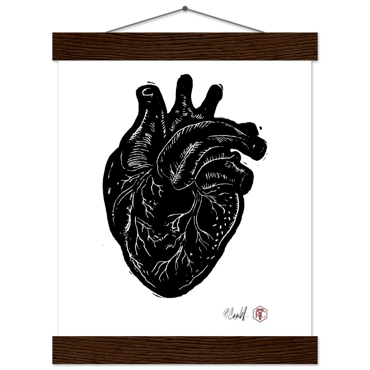 Poster 20 × 25 cm with wooden hanger, linocut “Anatomical Heart” – front view