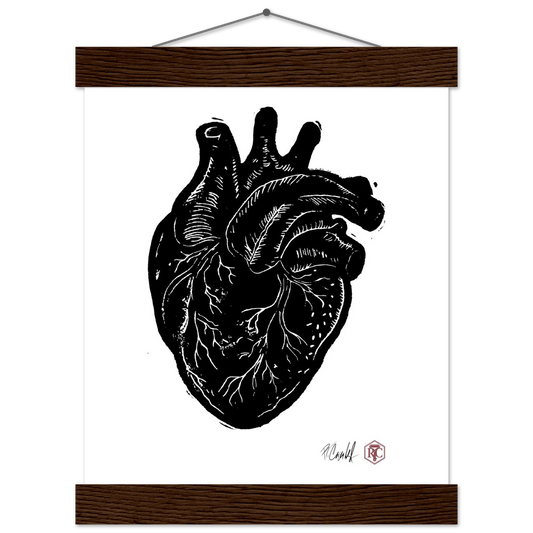 Poster 20 × 25 cm with wooden hanger, linocut “Anatomical Heart” – front view