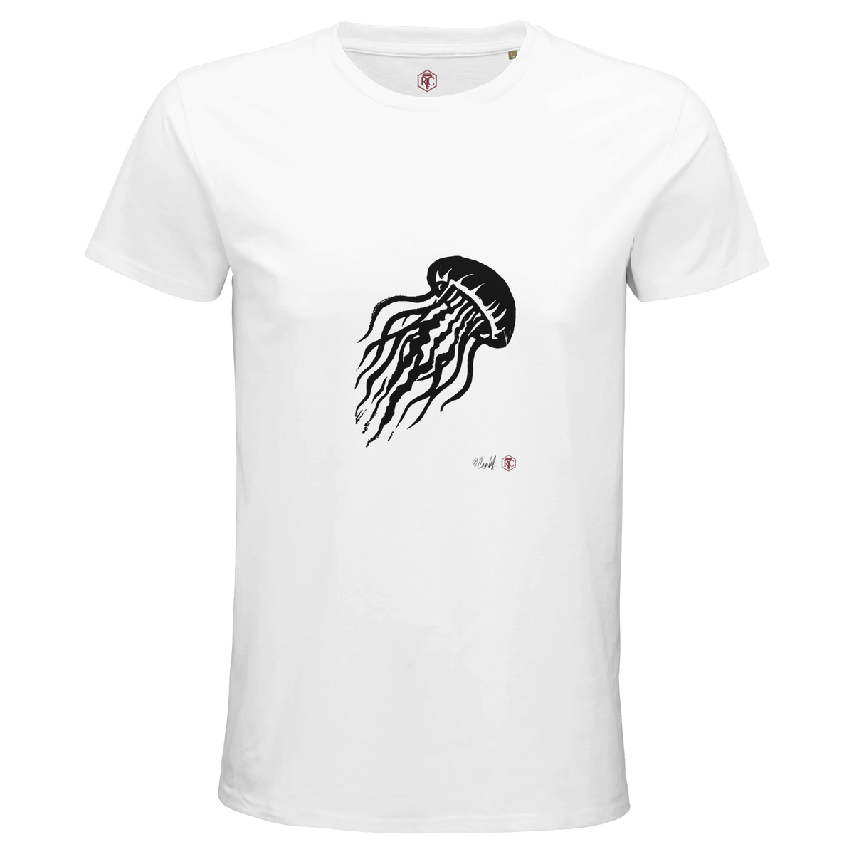 Organic cotton T-shirt with the linocut “Jellyfish” – white, men’s cut