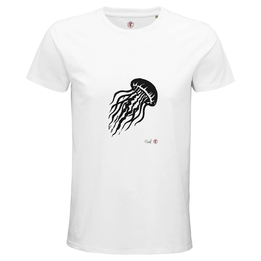 Organic cotton T-shirt with the linocut “Jellyfish” – white, men’s cut