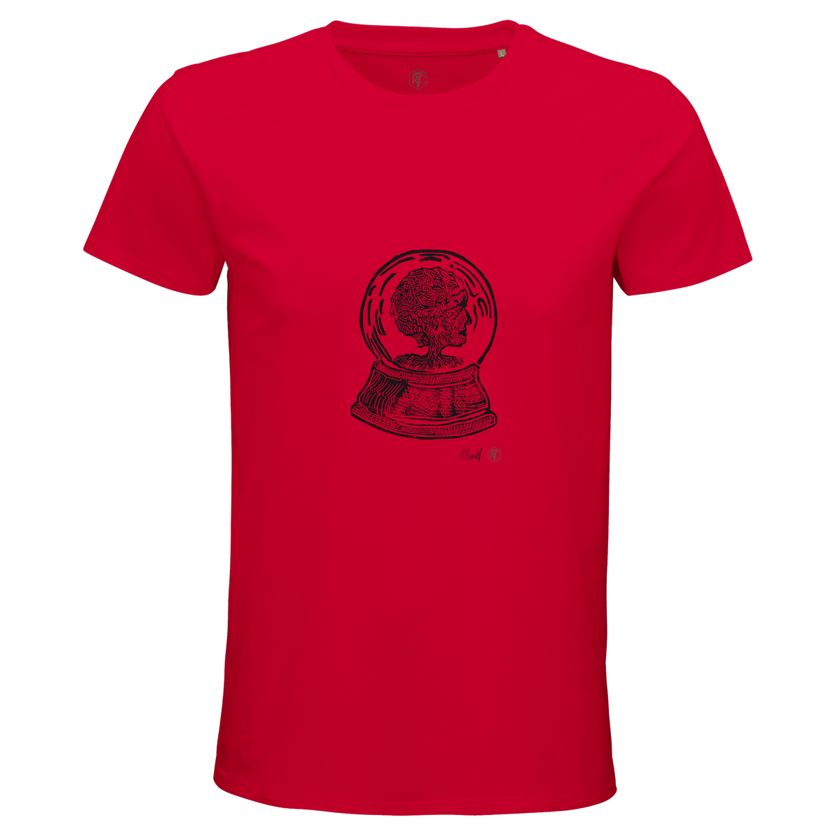 Organic cotton T-shirt with the linocut “Snow Globe Tree” – red, men’s cut