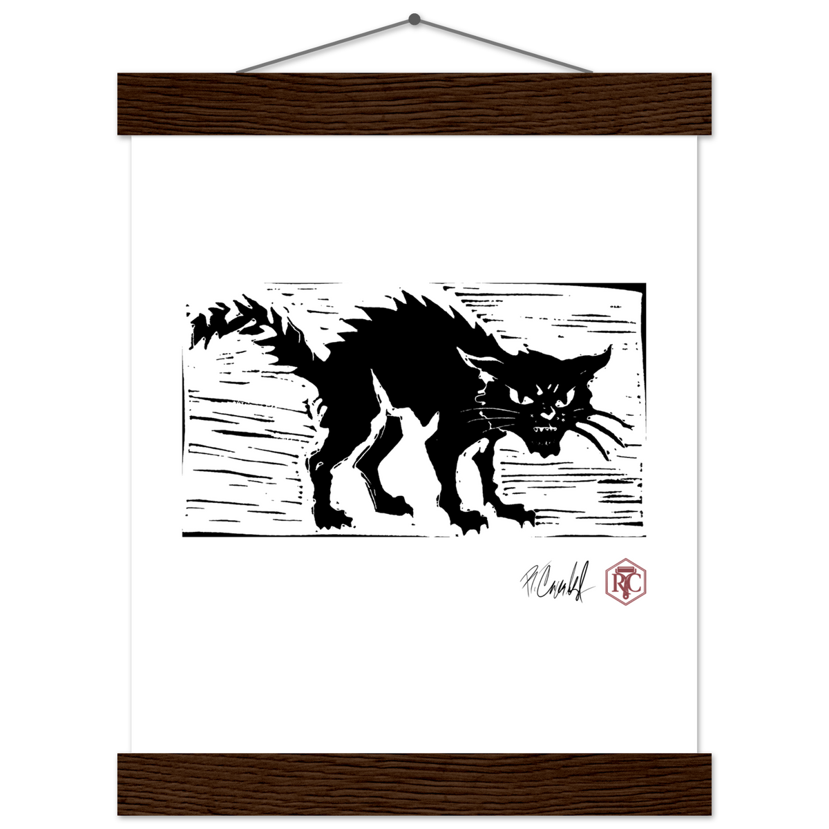 Poster 20 × 25 cm with wooden hanger, linocut “Cat” – front view