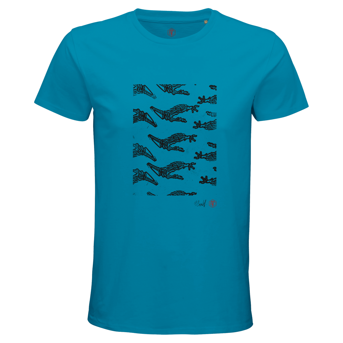 Organic cotton T-shirt with the linocut “Claws” – aqua, men’s cut