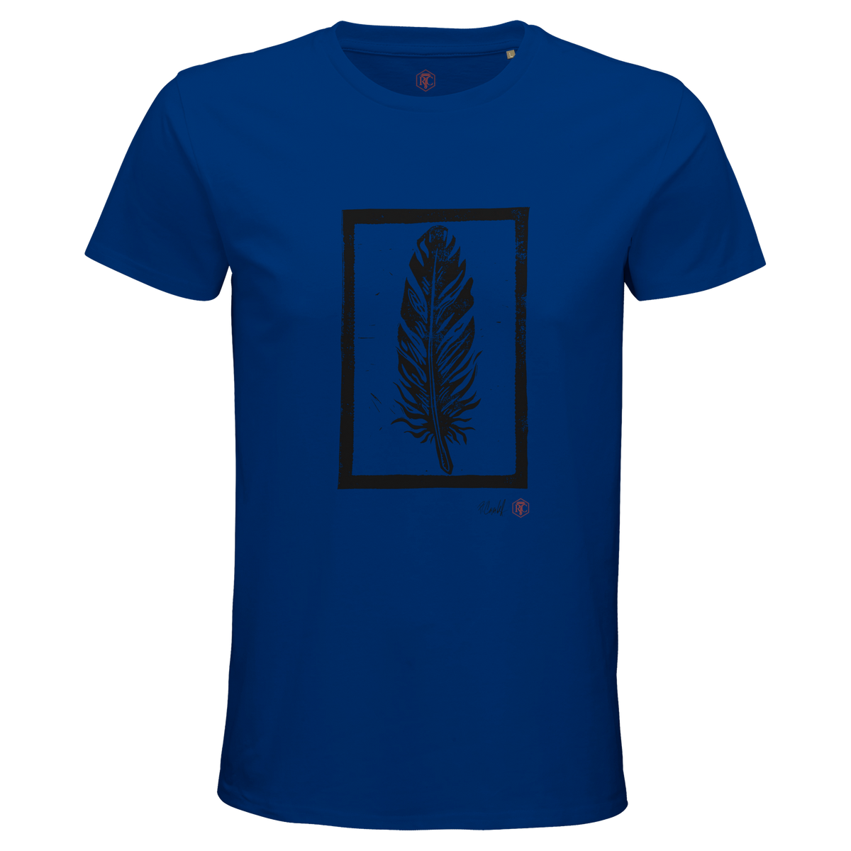 Organic cotton T-shirt with the linocut “Feather” – royal blue, men’s cut