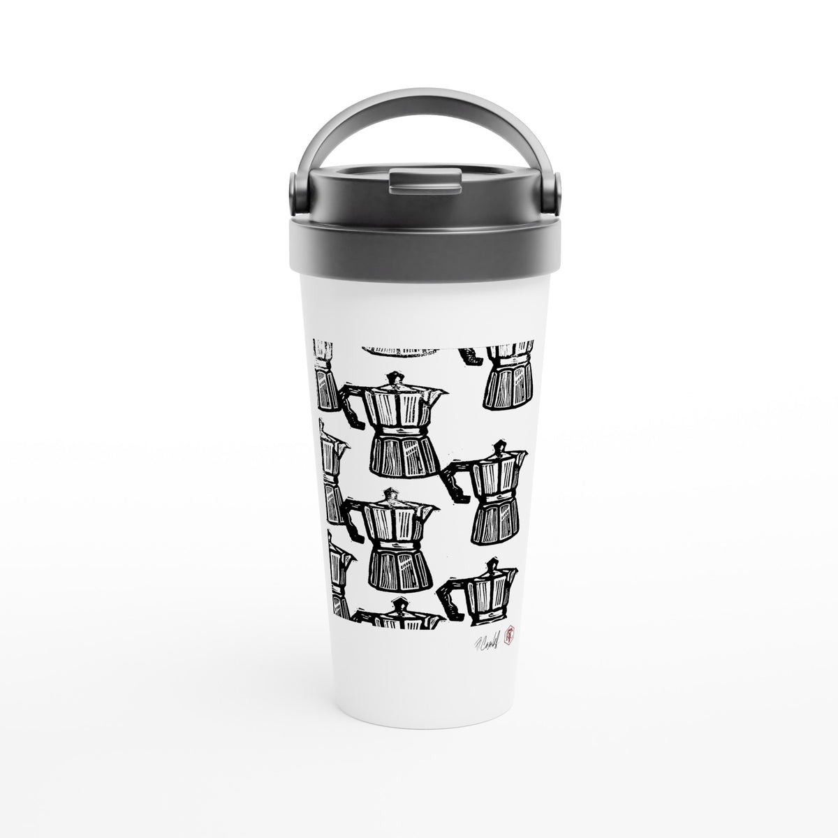 Stainless steel travel mug with the linocut “Moka” – view 1