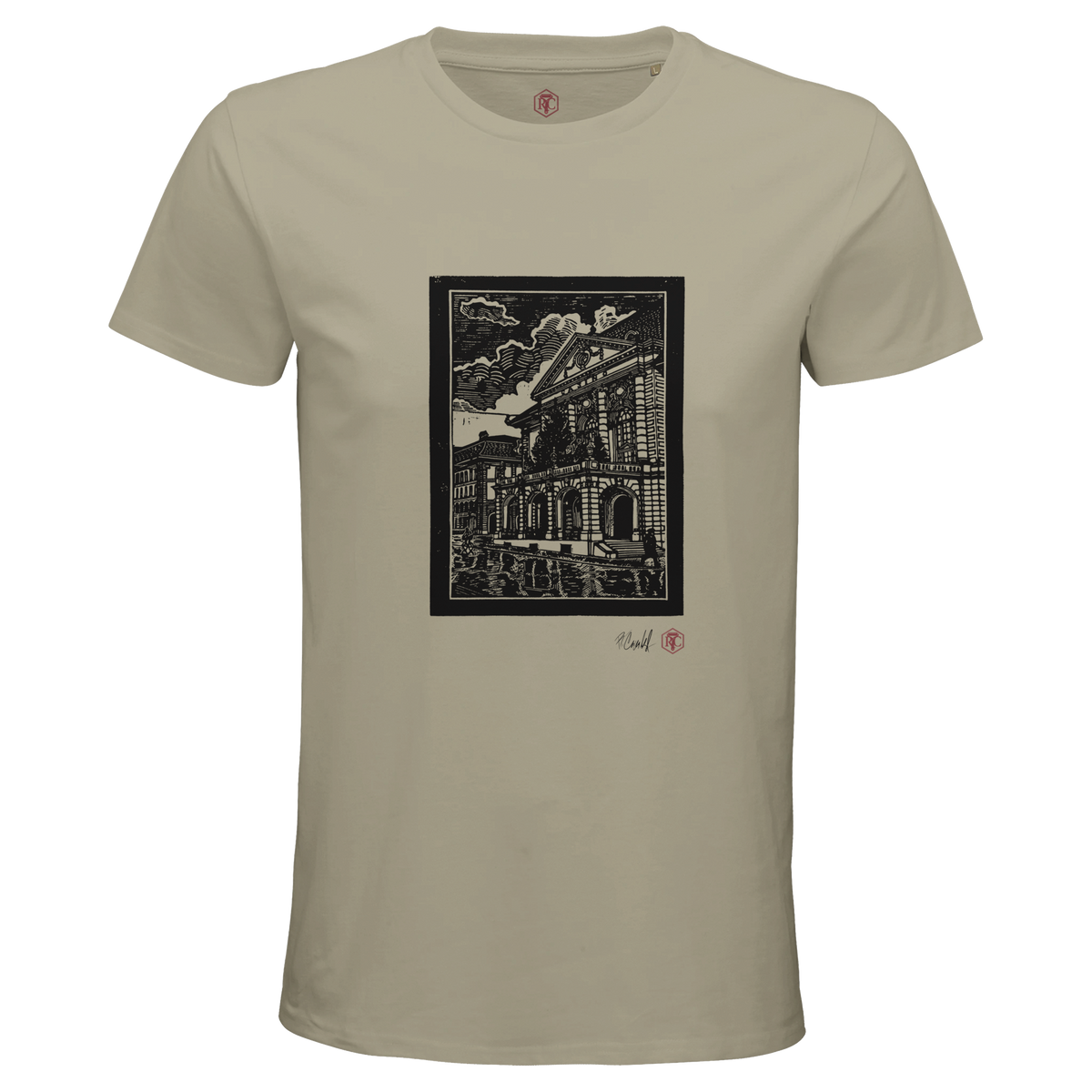 Organic cotton T-shirt with the linocut “Casino Bern” – sand, men’s cut