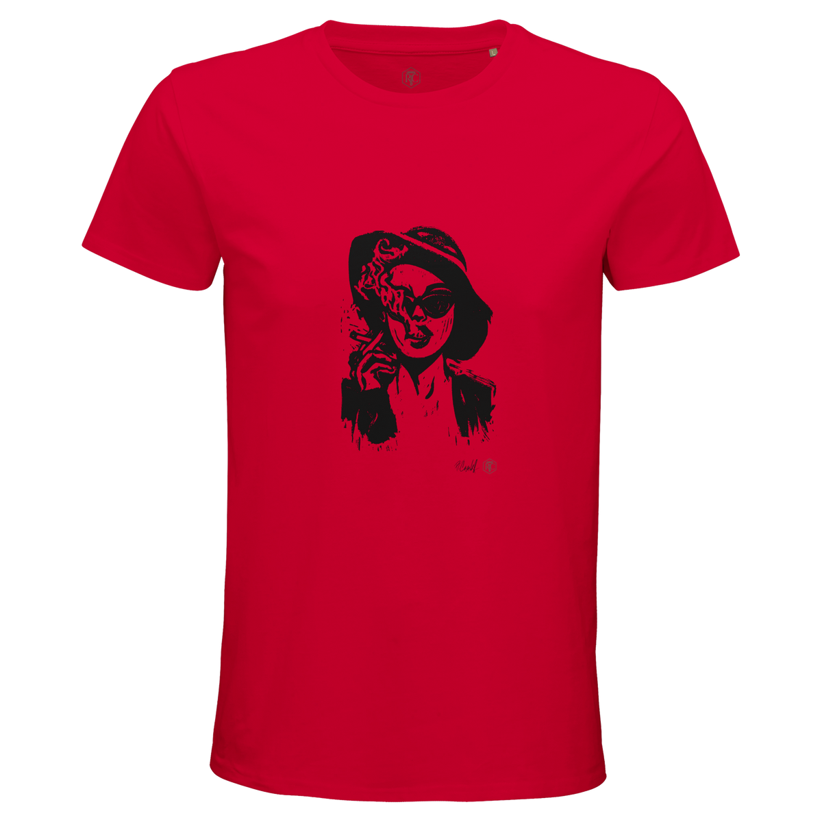 Organic cotton T-shirt with the linocut “Smoke” – red, men’s cut