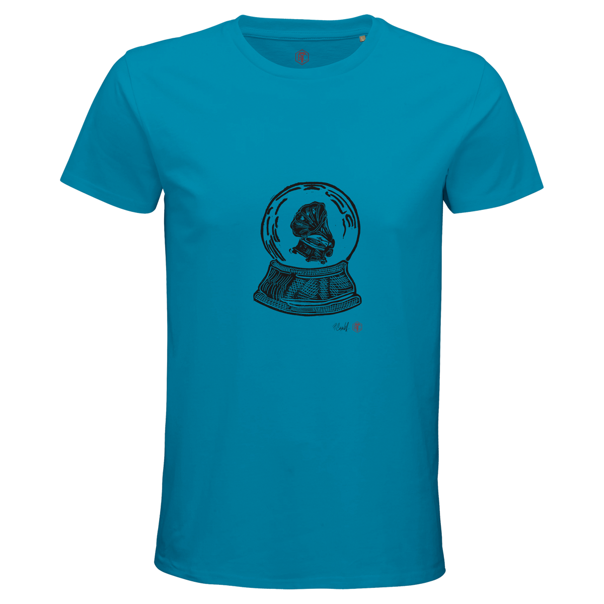 Organic cotton T-shirt with the linocut “Snow Globe Gramophone” – aqua, men’s cut
