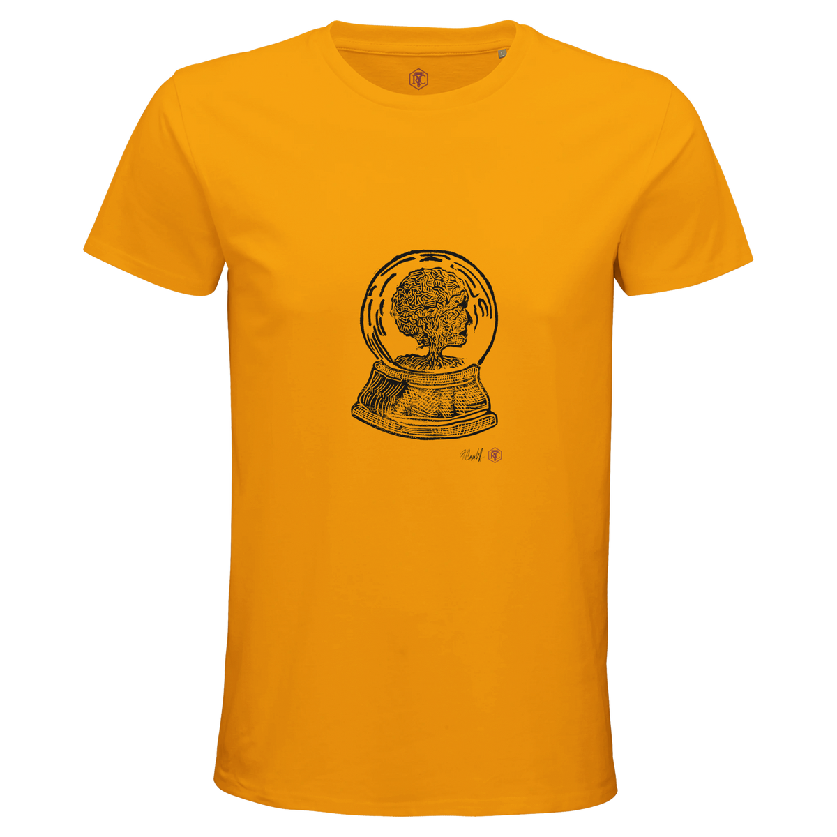 Organic cotton T-shirt with the linocut “Snow Globe Tree” – gold, men’s cut