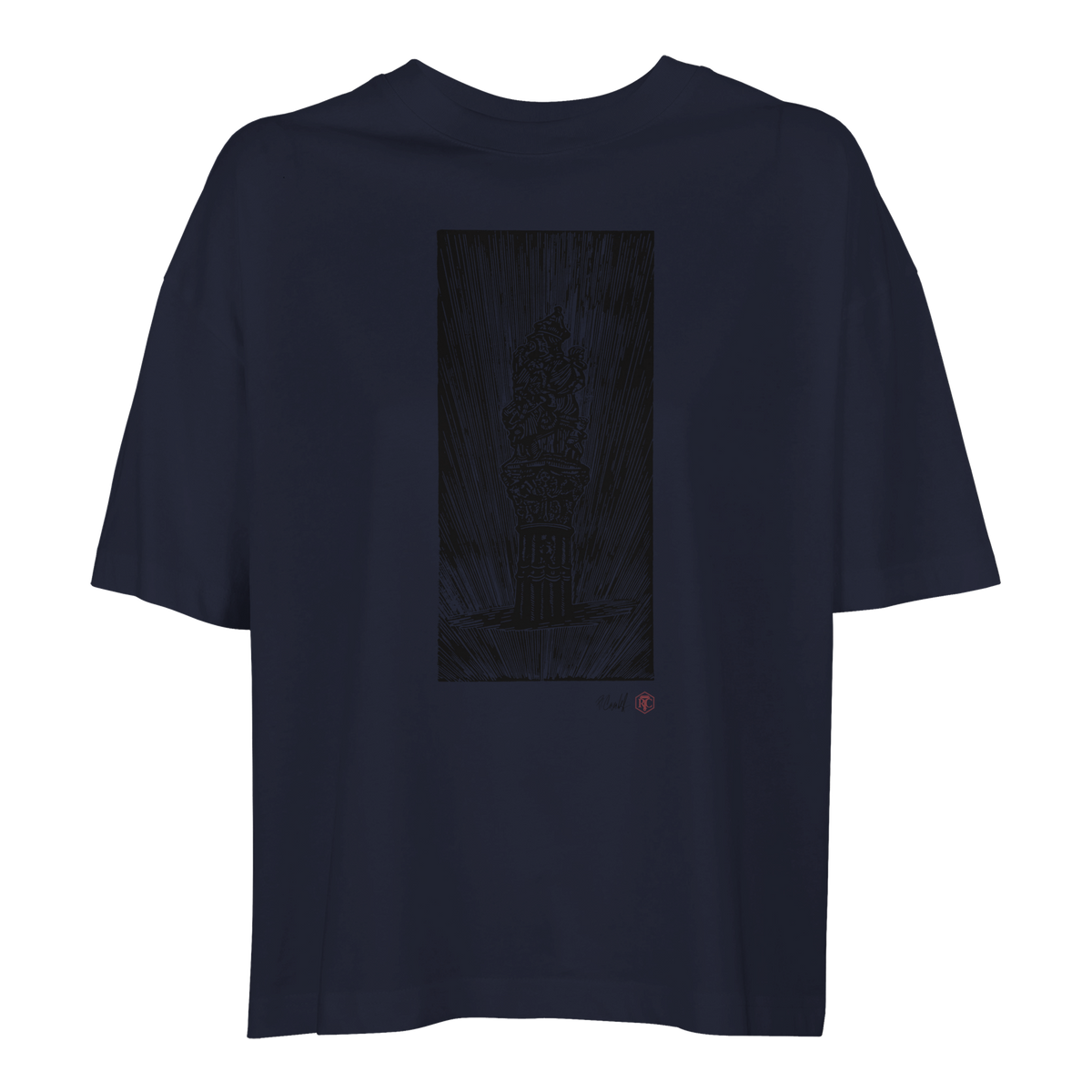 Organic cotton T-shirt with the linocut “The Fountain, Bern” – navy blue, women’s cut