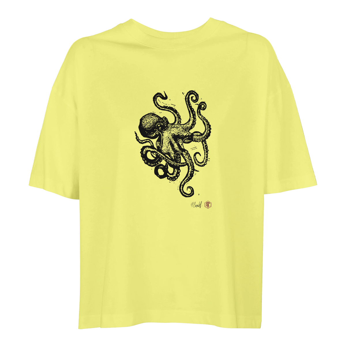 Organic cotton T-shirt with the linocut “Octopus” – light yellow, women’s cut