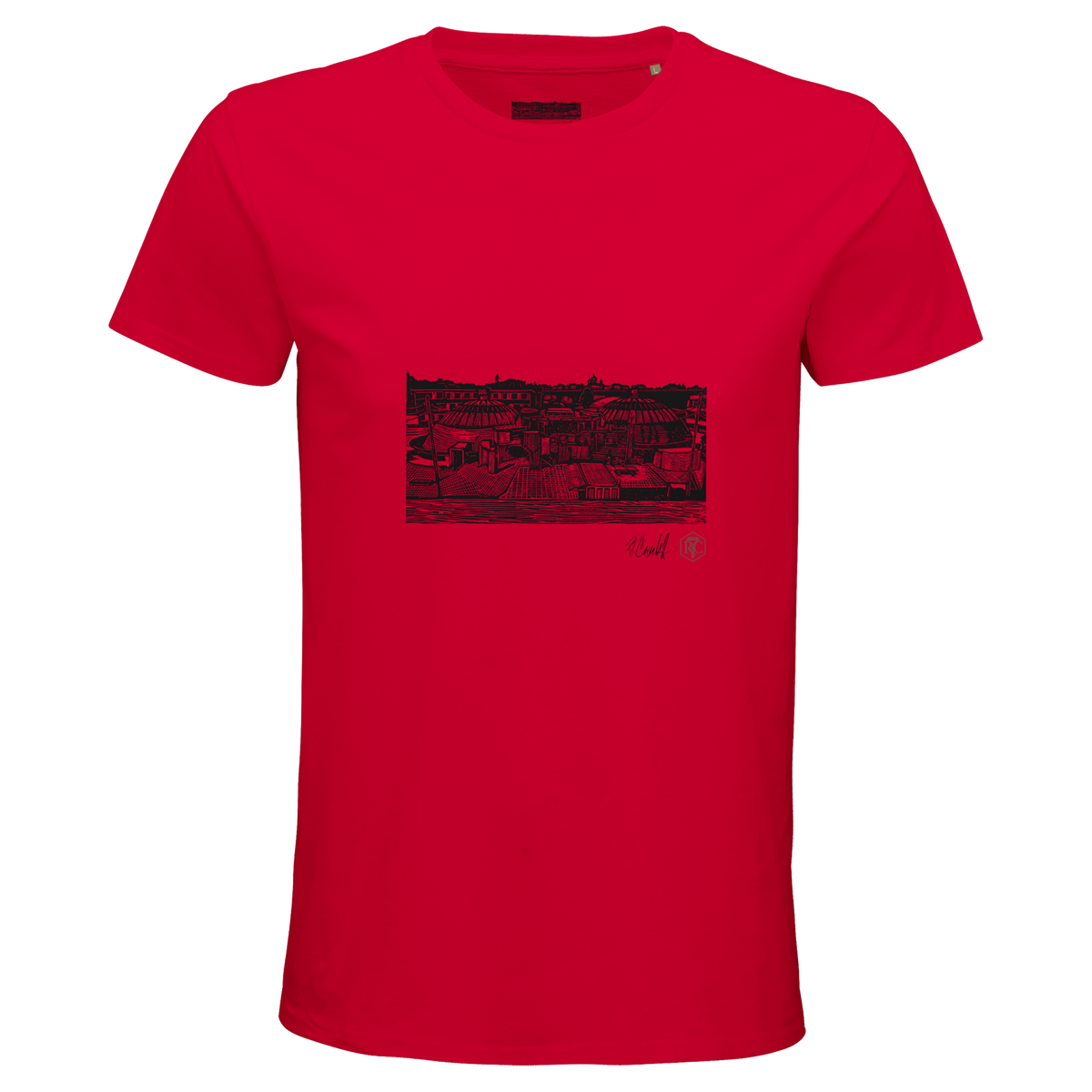 Organic cotton T-shirt with the linocut “The Domes” – red, men’s cut