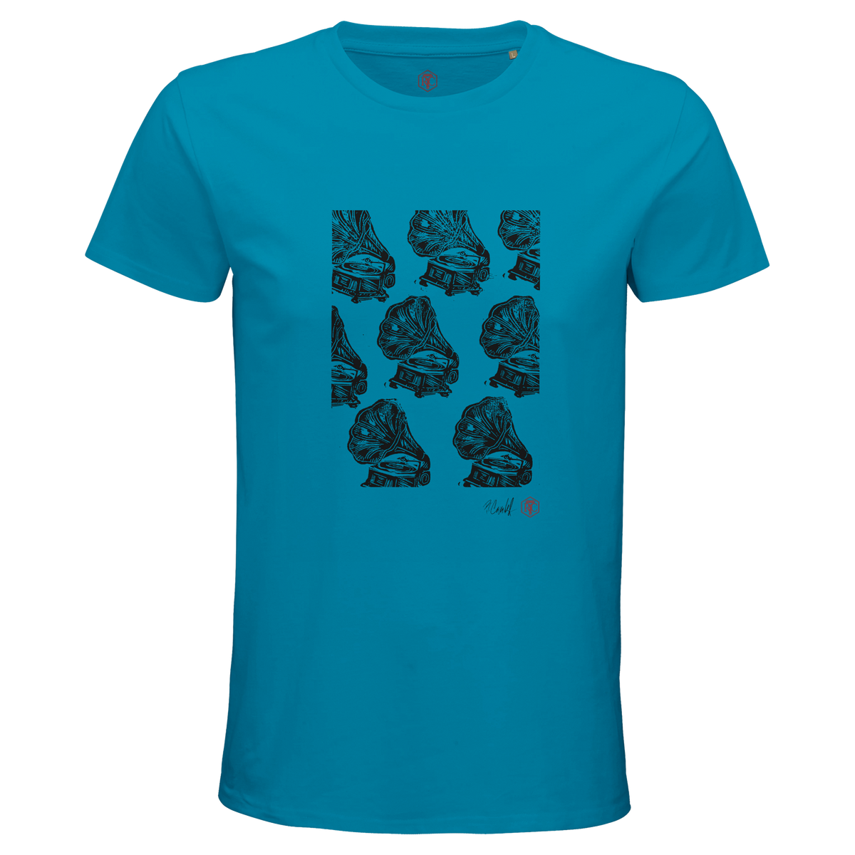 Organic cotton T-shirt with the linocut “Gramophones” – aqua, men’s cut