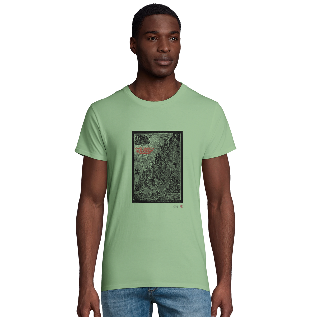 Model wearing T-shirt “The Ladder”, apple green, men’s cut – front view