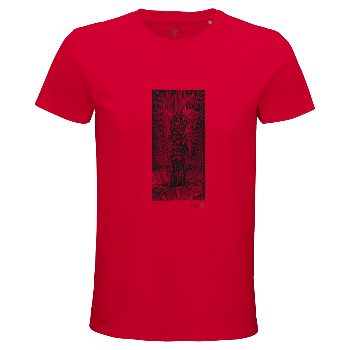 Organic cotton T-shirt with the linocut “The Fountain, Bern” – red, men’s cut