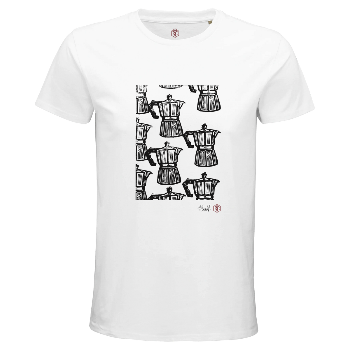 Organic cotton T-shirt with the linocut “Moka” – white, men’s cut