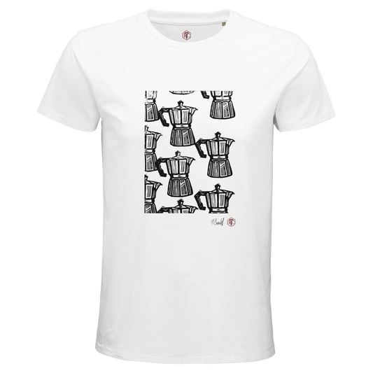 Organic cotton T-shirt with the linocut “Moka” – white, men’s cut