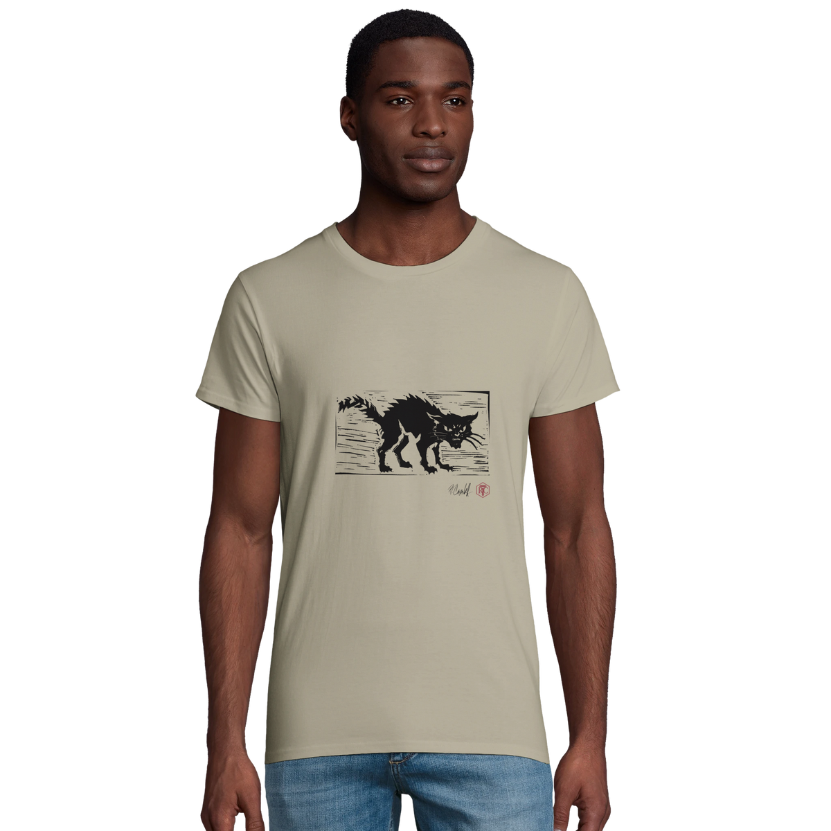 Model wearing T-shirt “Cat”, sand, men’s cut – front view