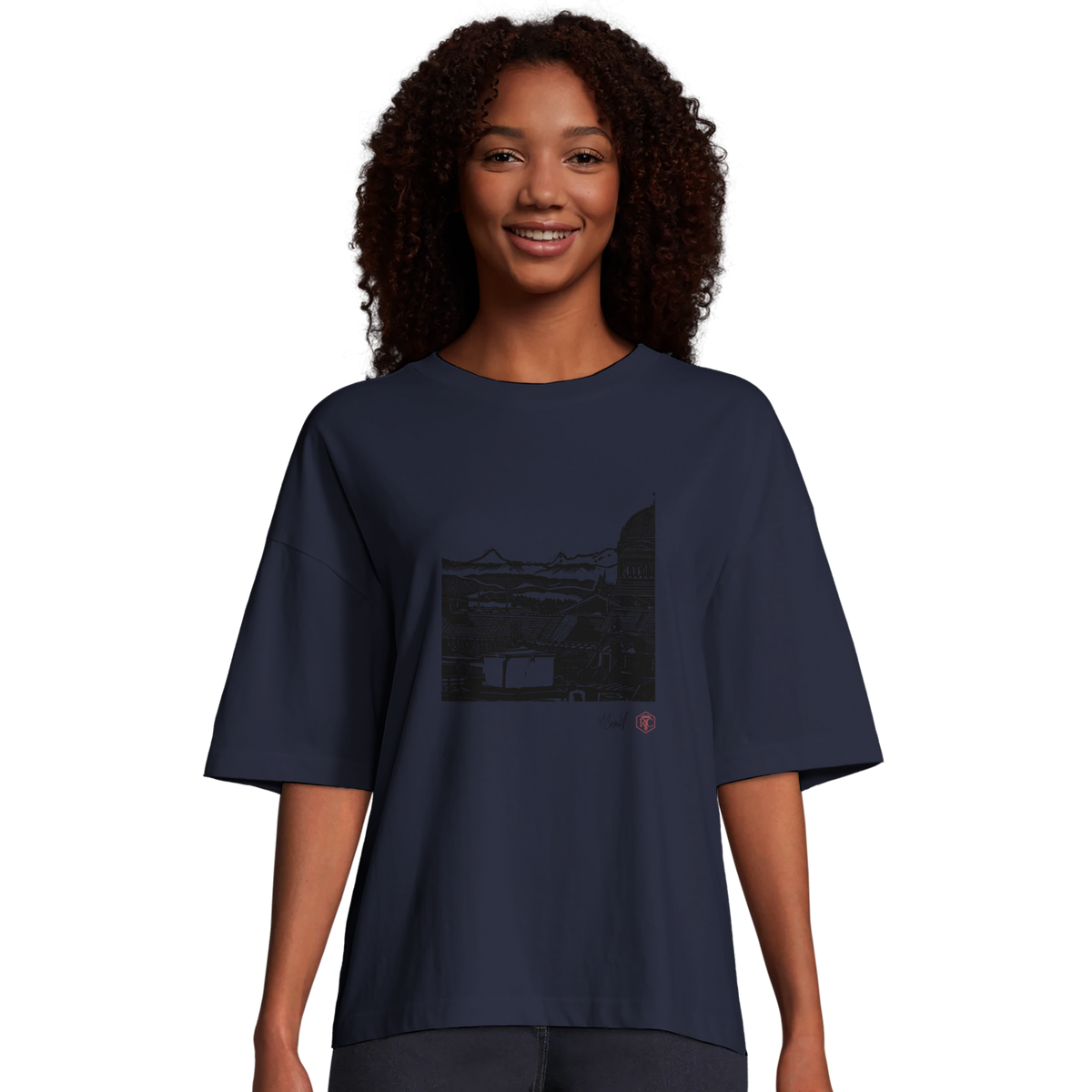 Model wearing T-shirt “Above Bern”, navy blue, women’s cut – front view