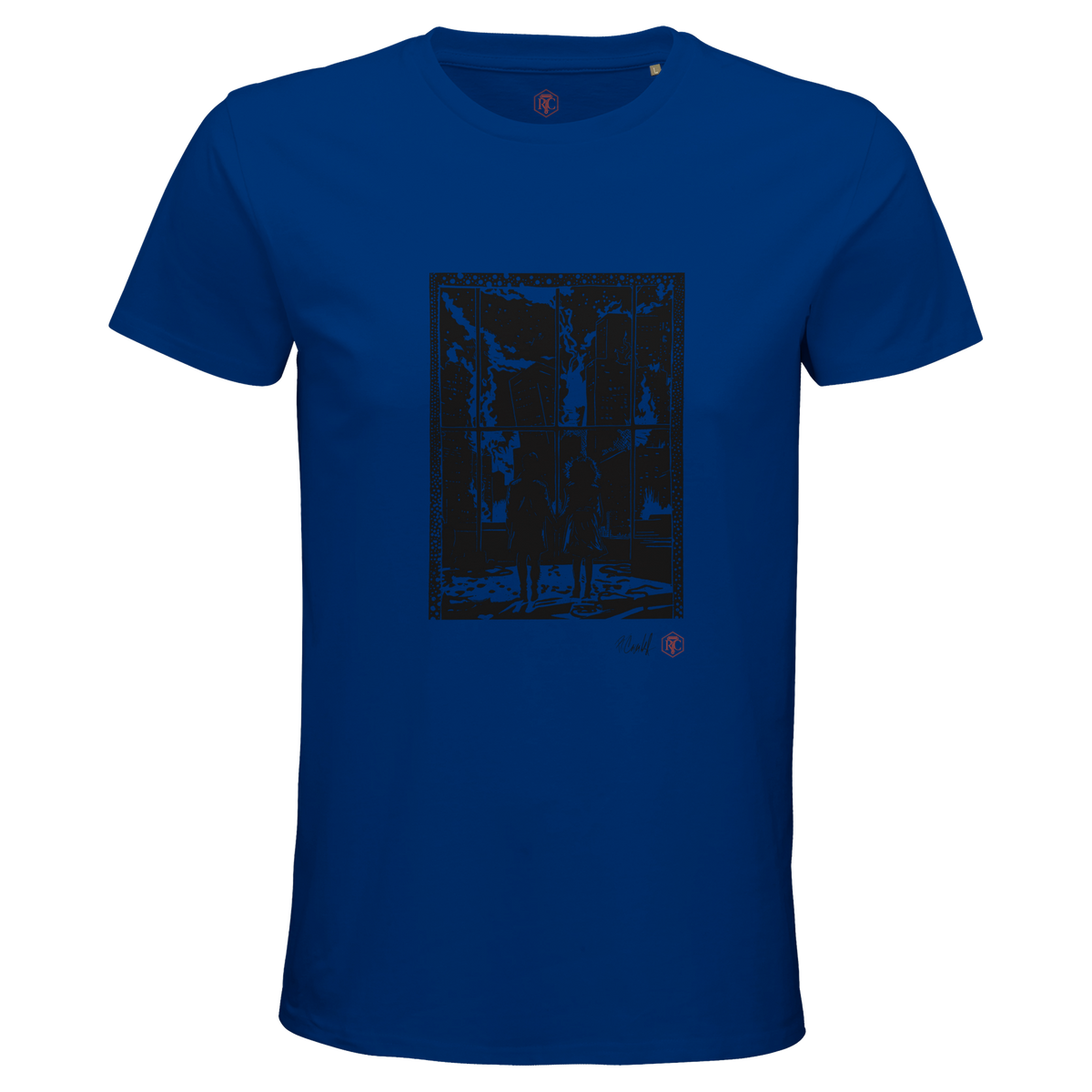 Organic cotton T-shirt with the linocut “The Window” – royal blue, men’s cut