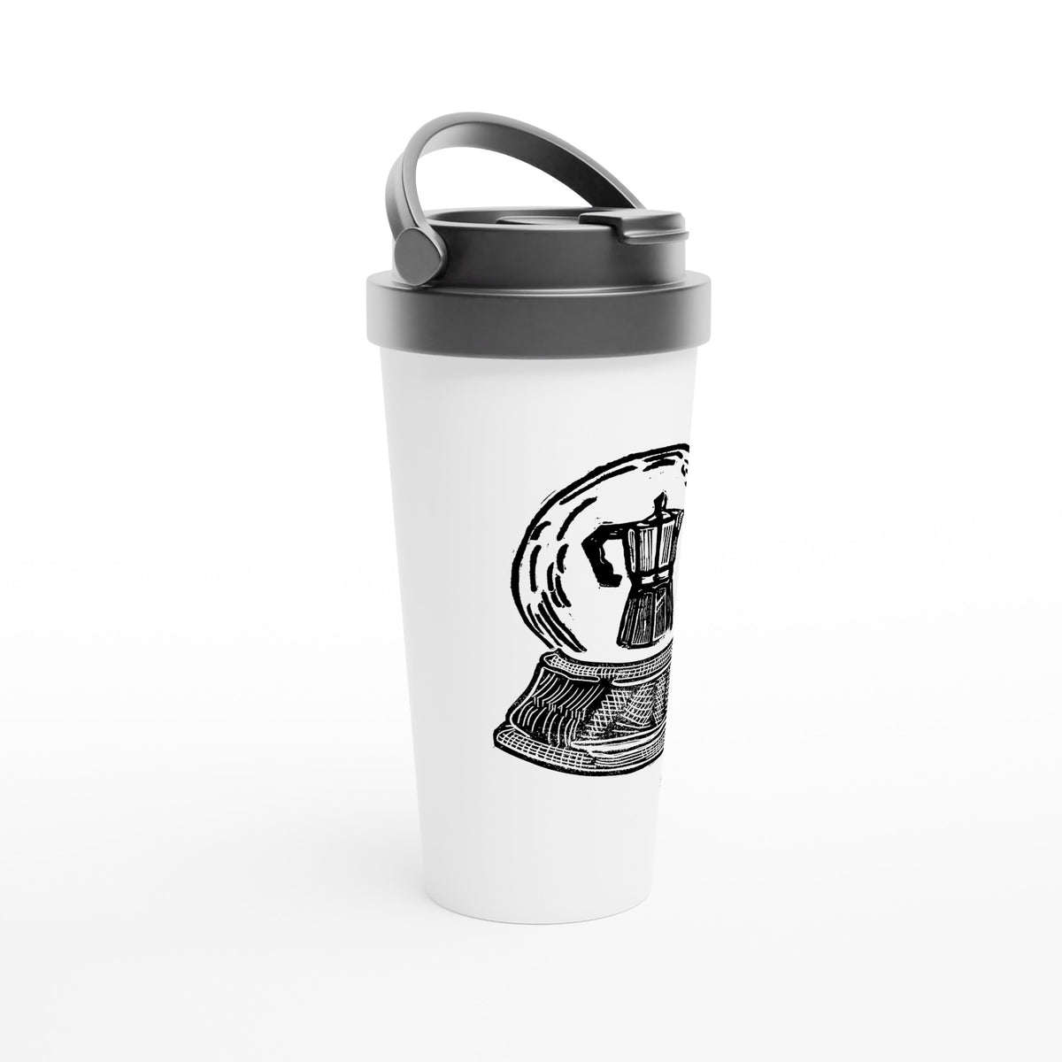 Stainless steel travel mug with the linocut “Snow Globe Moka Pot” – view 2