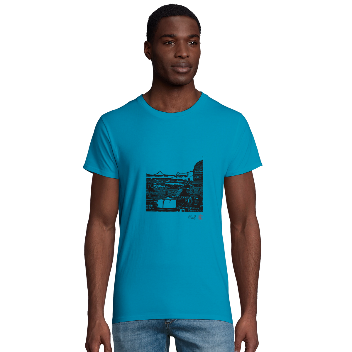 Model wearing T-shirt “Above Bern”, aqua, men’s cut – front view