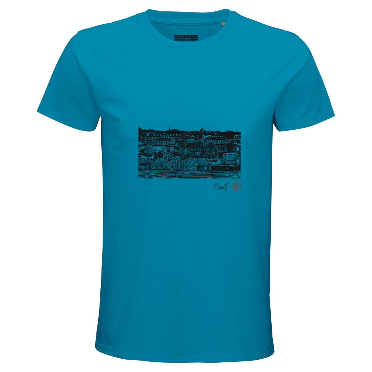 Organic cotton T-shirt with the linocut “The Domes” – aqua, men’s cut