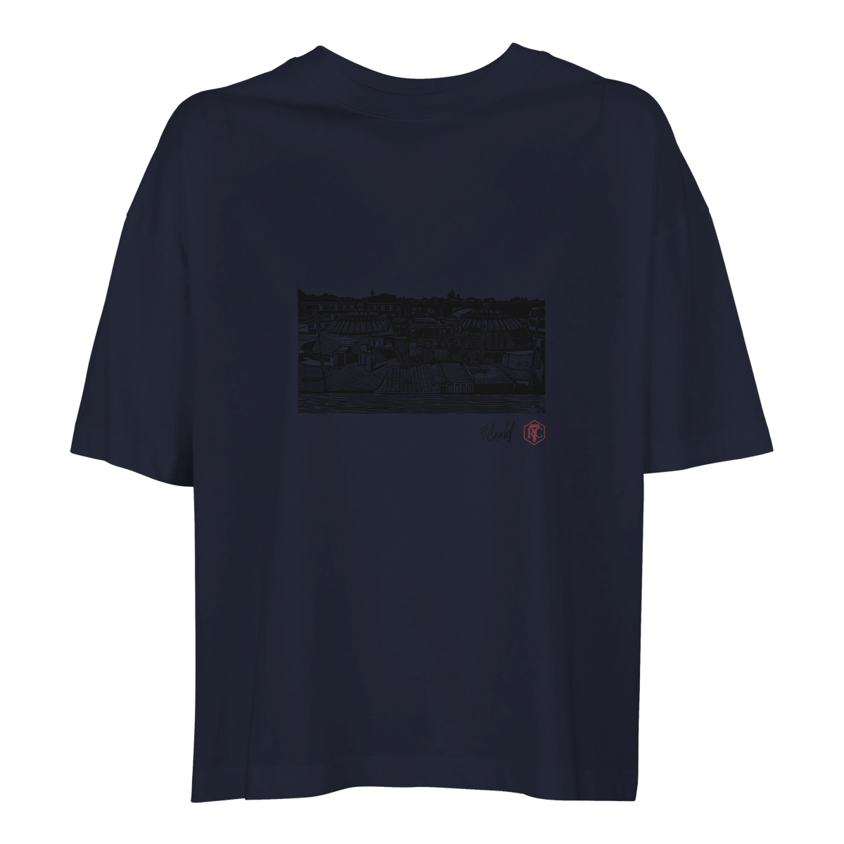 Organic cotton T-shirt with the linocut “The Domes” – navy blue, women’s cut