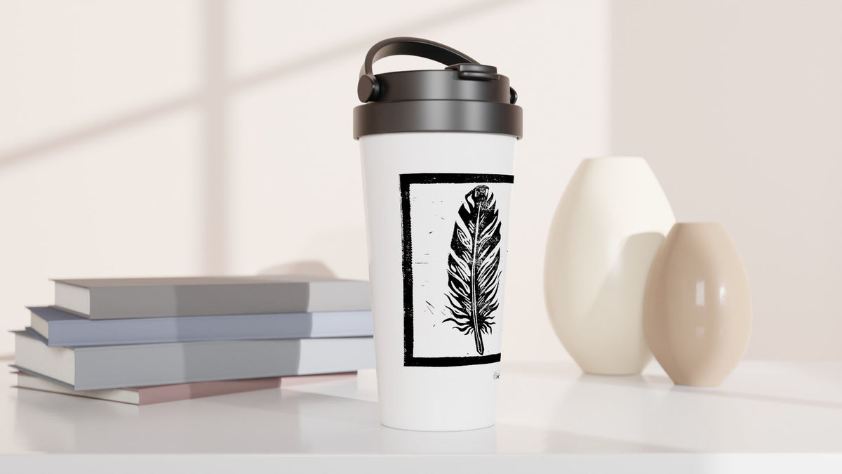 Stainless steel travel mug with the linocut “Feather” – view 3
