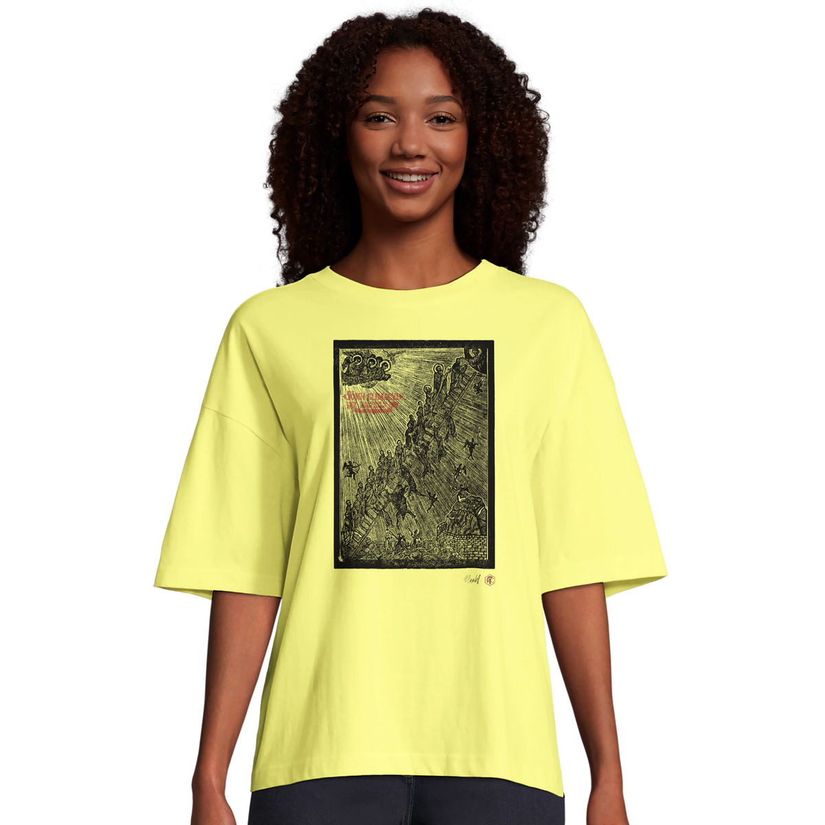 Model wearing T-shirt “The Ladder”, light yellow, women’s cut – front view