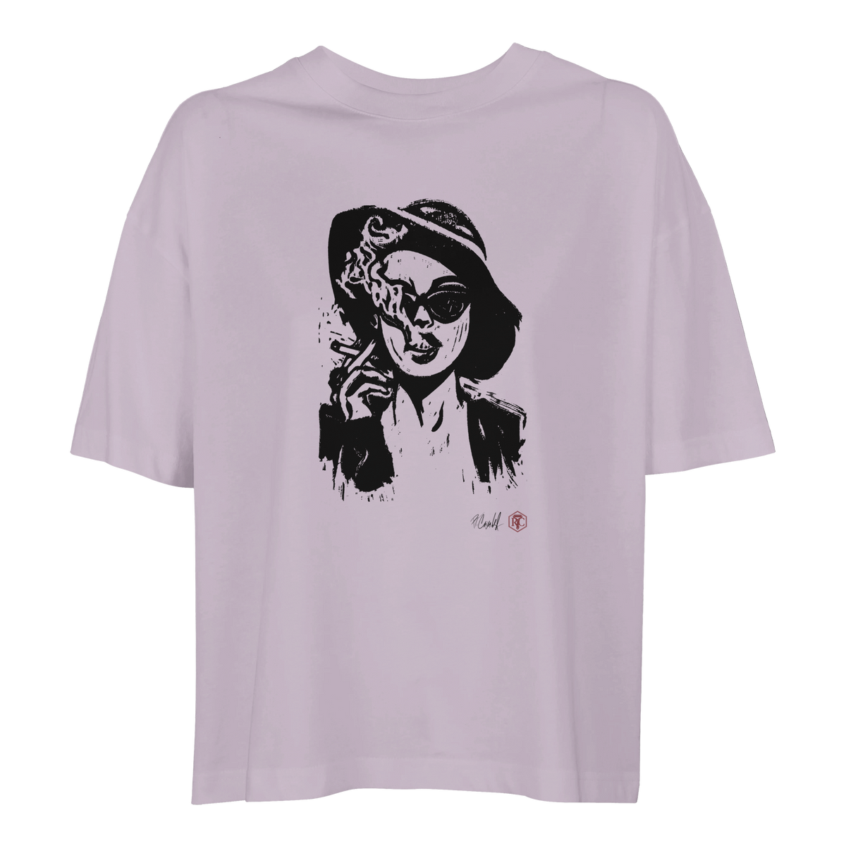 Organic cotton T-shirt with the linocut “Smoke” – lilac, women’s cut