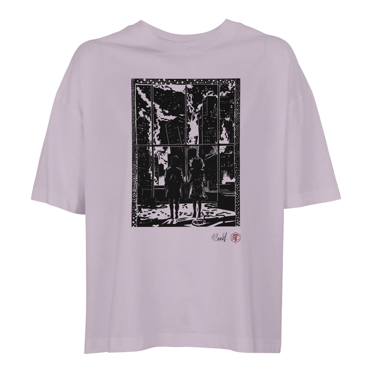 Organic cotton T-shirt with the linocut “The Window” – lilac, women’s cut