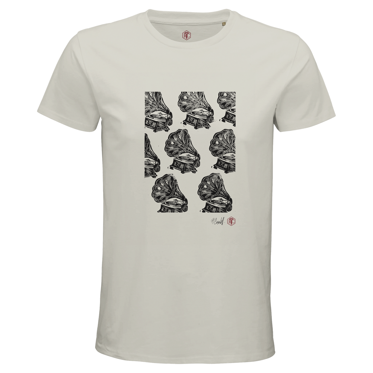 Organic cotton T-shirt with the linocut “Gramophones” – ash grey, men’s cut