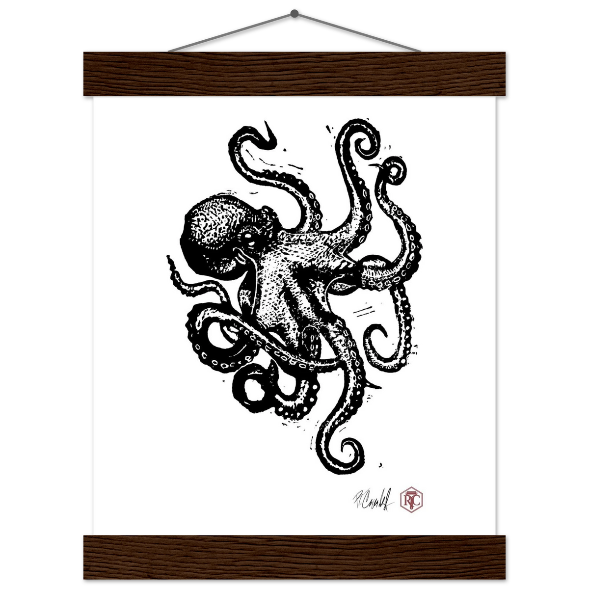 Poster 20 × 25 cm with wooden hanger, linocut “Octopus” – front view