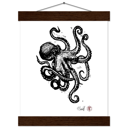 Poster 20 × 25 cm with wooden hanger, linocut “Octopus” – front view
