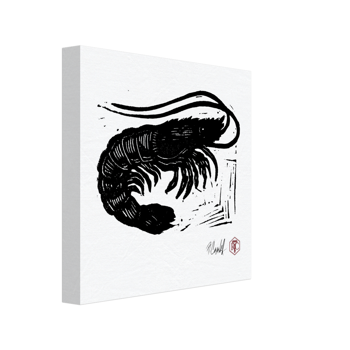 Canvas print 20 × 20 cm with the linocut “Shrimp” – side view