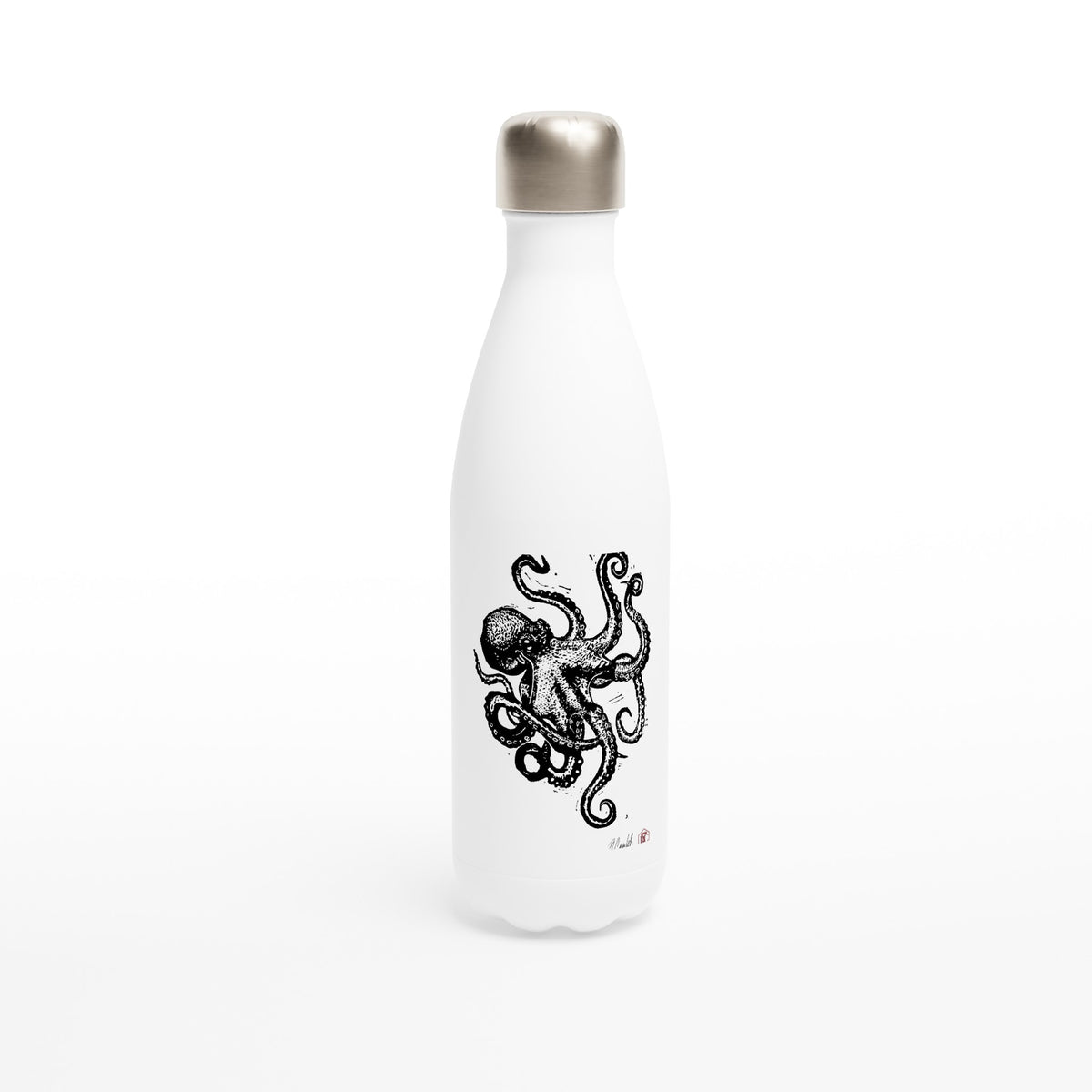 Stainless steel bottle with the linocut “Octopus” – view 1